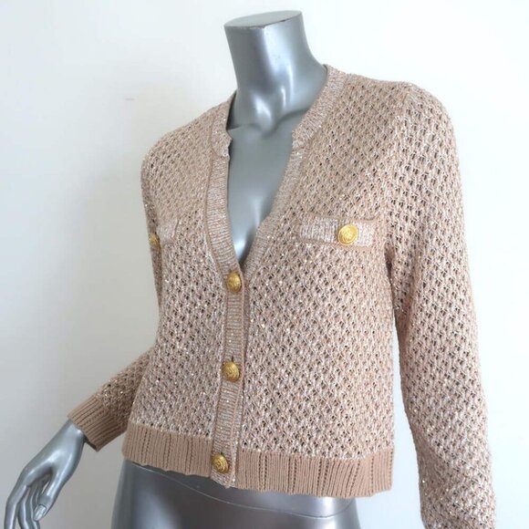 L'Agence Blanca Sequin Cardigan Beige/Gold Crochet Knit Size Small - Picture 3 of 9